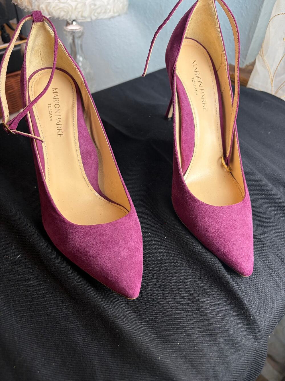 Marion Parke Toscana Suede Heels Sz 8.5 Plum Purple Ankle Strap Stiletto Heels